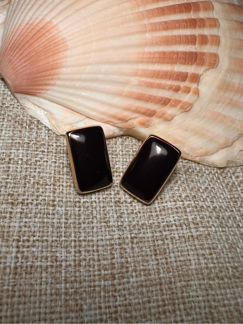 VINTAGE Gold and Black Enamel Minimalist Rectangular Stud Earrings